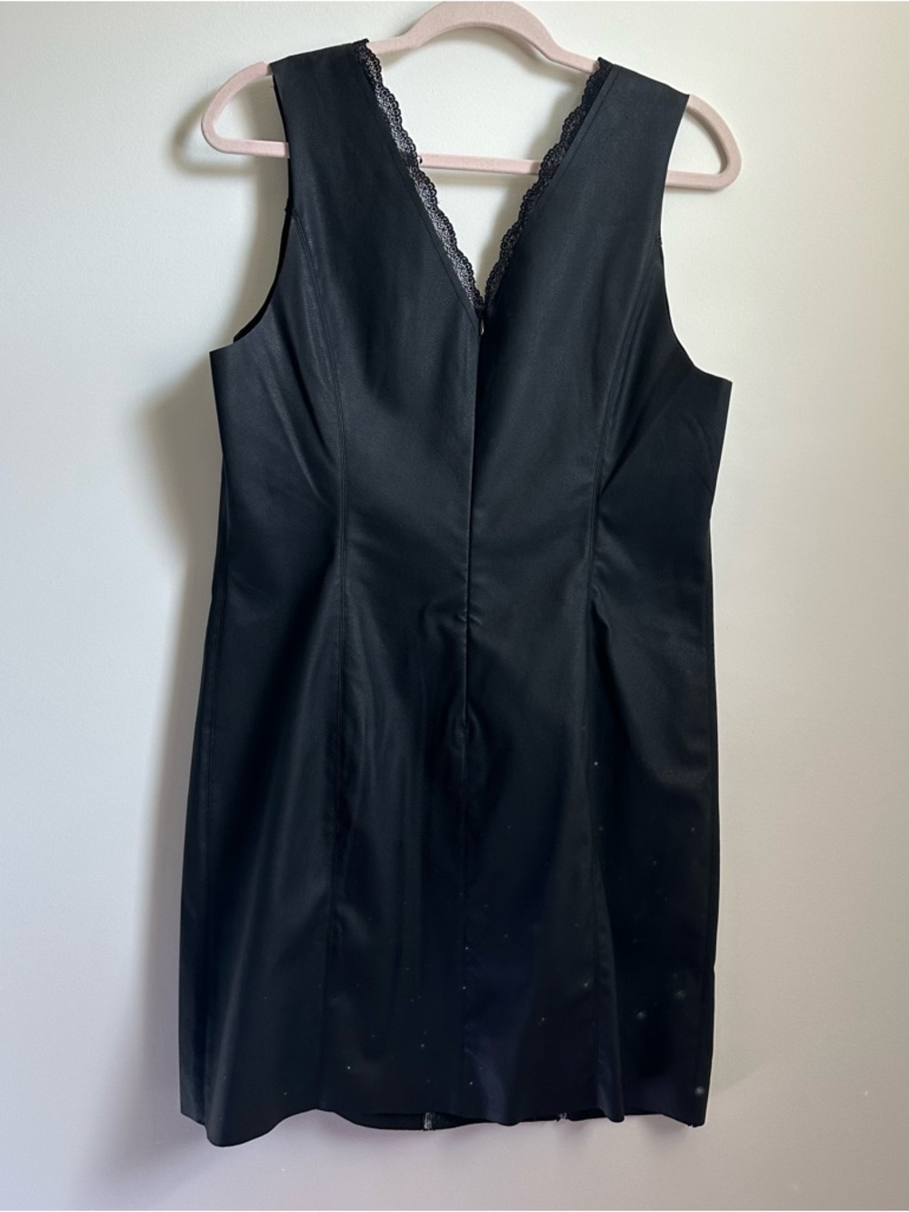 Black Lace-Trim V-Neck Sleeveless Leather Dress - Picture 2 of 5